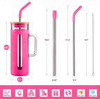 Kodrine Tumbler with Lid and Straw, 20 oz Glass Coffee Tumbler with Handle, Smoothie Cup with Bamboo Lid | Time Marker | Silicone Protective Sleeve, BPA Free -Rose Red