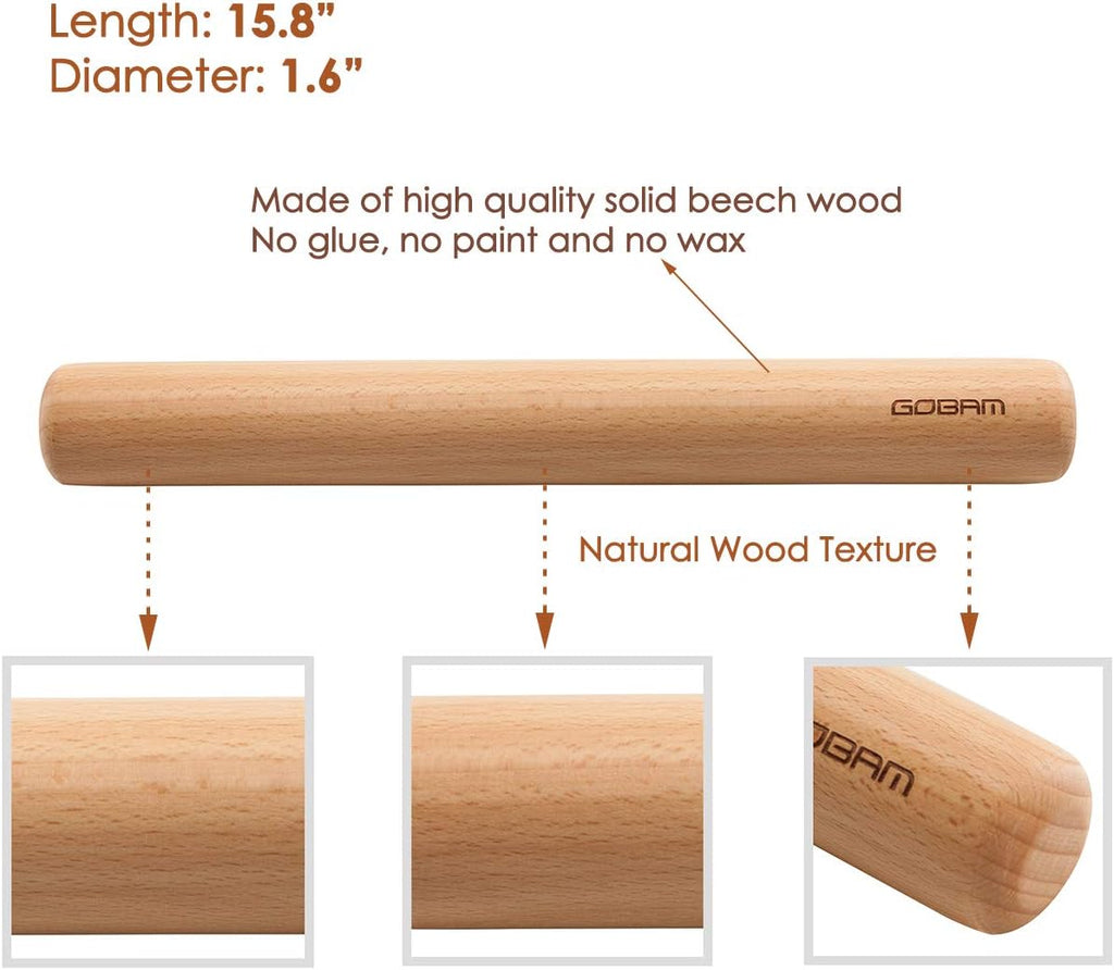 GOBAM Wood Rolling Pin, Extra Large - Dough Roller for Pasta, Cookies, Pie, Pizza, Chapati, Fondant, Rolling Pins for Baking, Bread Making Tools and Supplies - 15.8 x 1.6 Inches