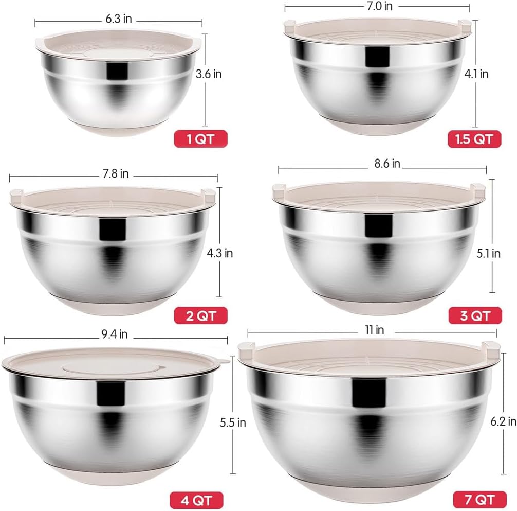 Mixing Bowls Set with Airtight Lids: 20PCS Stainless Steel Nesting Bowls - Size 7, 4, 3, 2, 1.5, 1QT Bowls with 3 Grater Attachments & Non-Slip Bottoms for Baking & Prepping