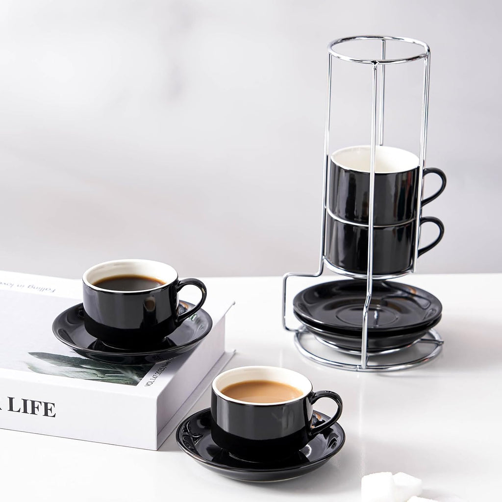2.5 Ounce Porcelain Espresso Cups with Saucers and Silver Stand, Black Stackable Cups Set of 4