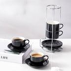 2.5 Ounce Porcelain Espresso Cups with Saucers and Silver Stand, Black Stackable Cups Set of 4