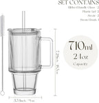 KEMORELA 2-Pack 24 Oz Ribbed Glass Tumblers with Lids and Straws, Handle Iced Coffee Cups, Clear Reusable Drinkware for Smoothies, Cold Beverages - Dishwasher Safe