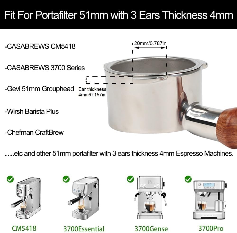 51mm Bottomless Portafilter 3 Ears Compatible with CASABREWS CM5418 and 3700 Series | with Stainless Steel Double Shot Capacity Cup Filter Basket