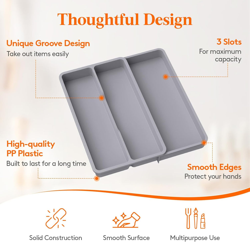 Lifewit Utensil Drawer Organizer, Expandable Cooking Silverware Tray for Kitchen Drawer, Adjustable Cutlery Flatware Holder, Plastic Spatula Tools and Gadgets Storage Divider, 3 Compartments, Gray