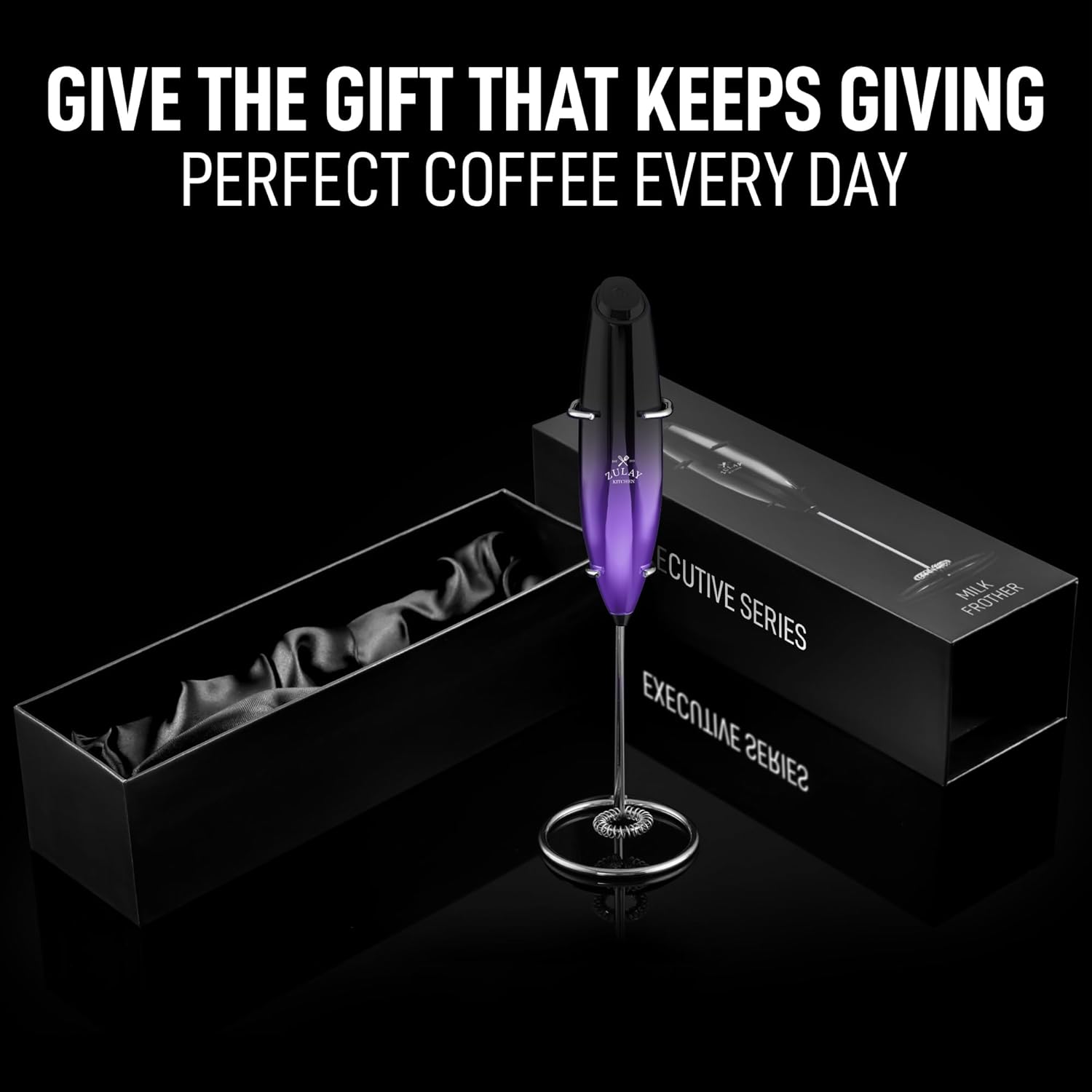 Zulay Kitchen Executive Series Milk Frother Wand - Upgraded & Improved Stand - Ideal Coffee Gift - Coffee Frother Handheld Foam Maker For Lattes - Electric Milk Frother Handheld For Cappuccino