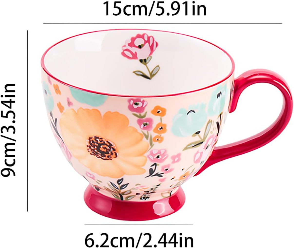 Vintage Flower Mugs – Large Ceramic Coffee Mug (15oz) – Cute Cereal Cup for Breakfast, Oatmeal Tea & Hot Drinks – Handmade Ceramic Cup with Floral Design