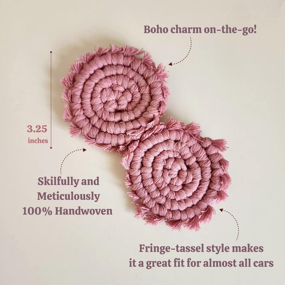 Cotton Car Coasters for Cup Holders, 2PC Car Cup Coasters, Drink Coaster Holder, Cute cupholder Coaster Accessories for Women, Macrame, Boho(Champagne Pink)
