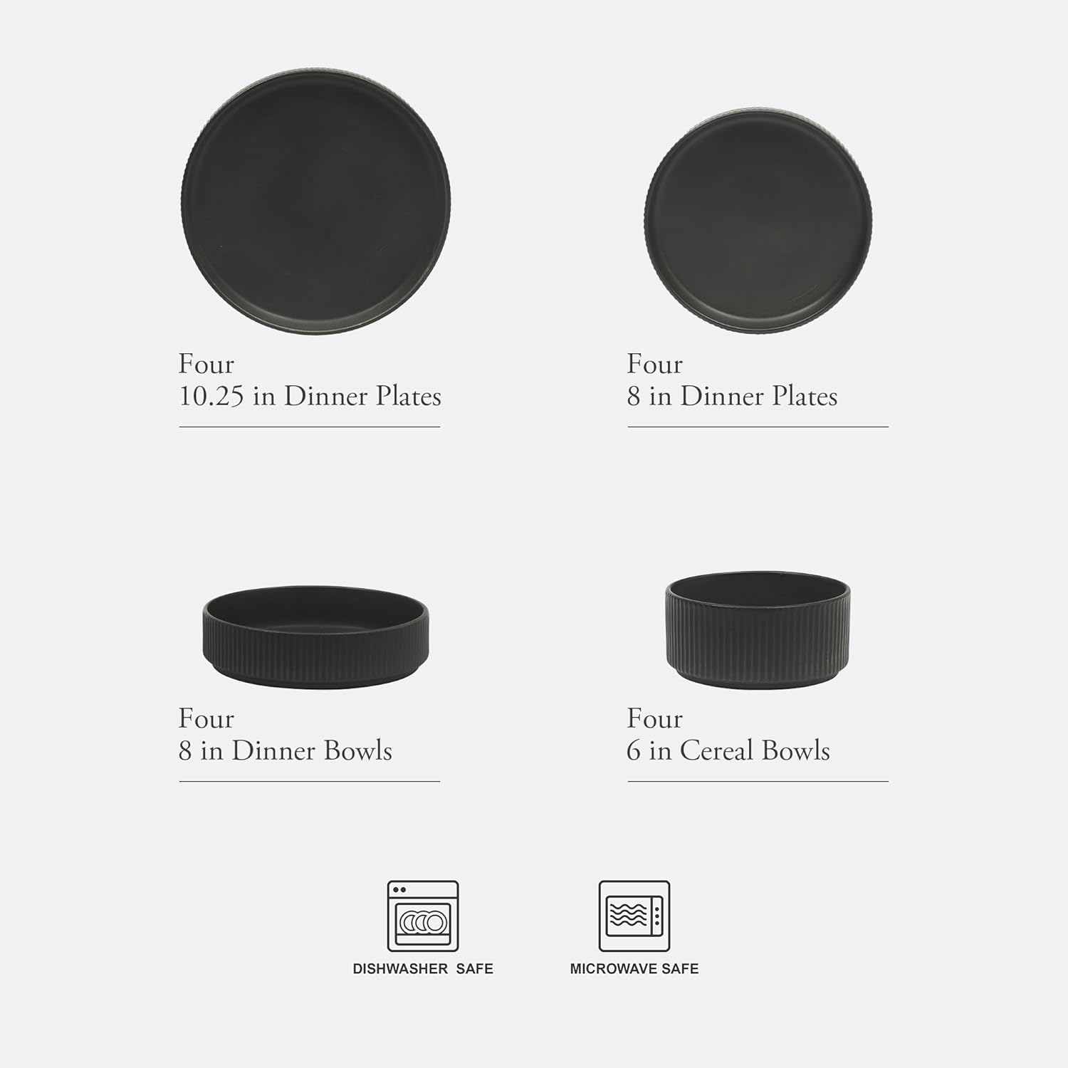 Gibson Elite Deerfield 16-Piece Stoneware Dinnerware Set – Matte Black Reactive Glaze Plates and Bowls, Stackable, Modern Design, Service for 4 – Microwave & Dishwasher Safe