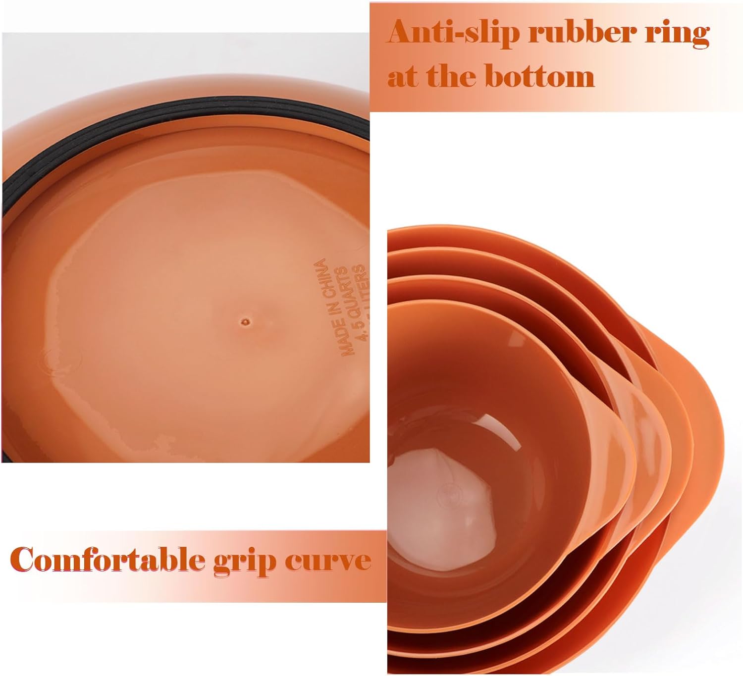 BoxedHome Nesting Plastic Mixing Bowl Set, 4 Piece Mixing Bowl Set with Pour Spouts, Size 1.7, 2.5, 3.5 and 4.5qt, for Prepping, Mixing, Baking, Cooking, Brownish Orange