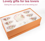 Cup and Saucer Sets of 6 with Spoon, 8oz Ceramic Tea Cups Saucers Set Porcelain New Bone China Floral Vintage Coffee Cup & Saucer Sets -Microwave Dishwasher Safe (Pink)