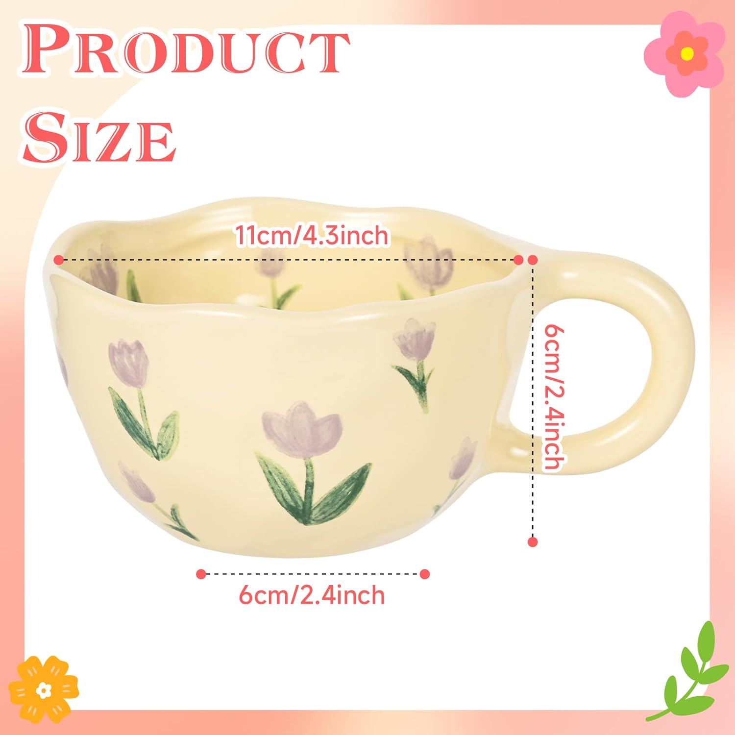 Ceramic Coffee Mug Vintage Flower Mugs 8 oz Cute Floral Coffee Mugs Irregular Latte Art Cup Lead-free Porcelain Cups for Cappuccino, Cocoa (Purple Tulips)