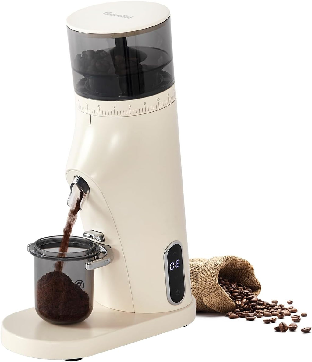 Gemilai Electric Conical Burr Coffee Grinder, Coffee Bean Grinder with Smart 60S Timer, 60 Precise Adjustable Grind Settings for Espresso, 2-12 Cup, Easy to Clean, Durable & Quiet, G9010B White