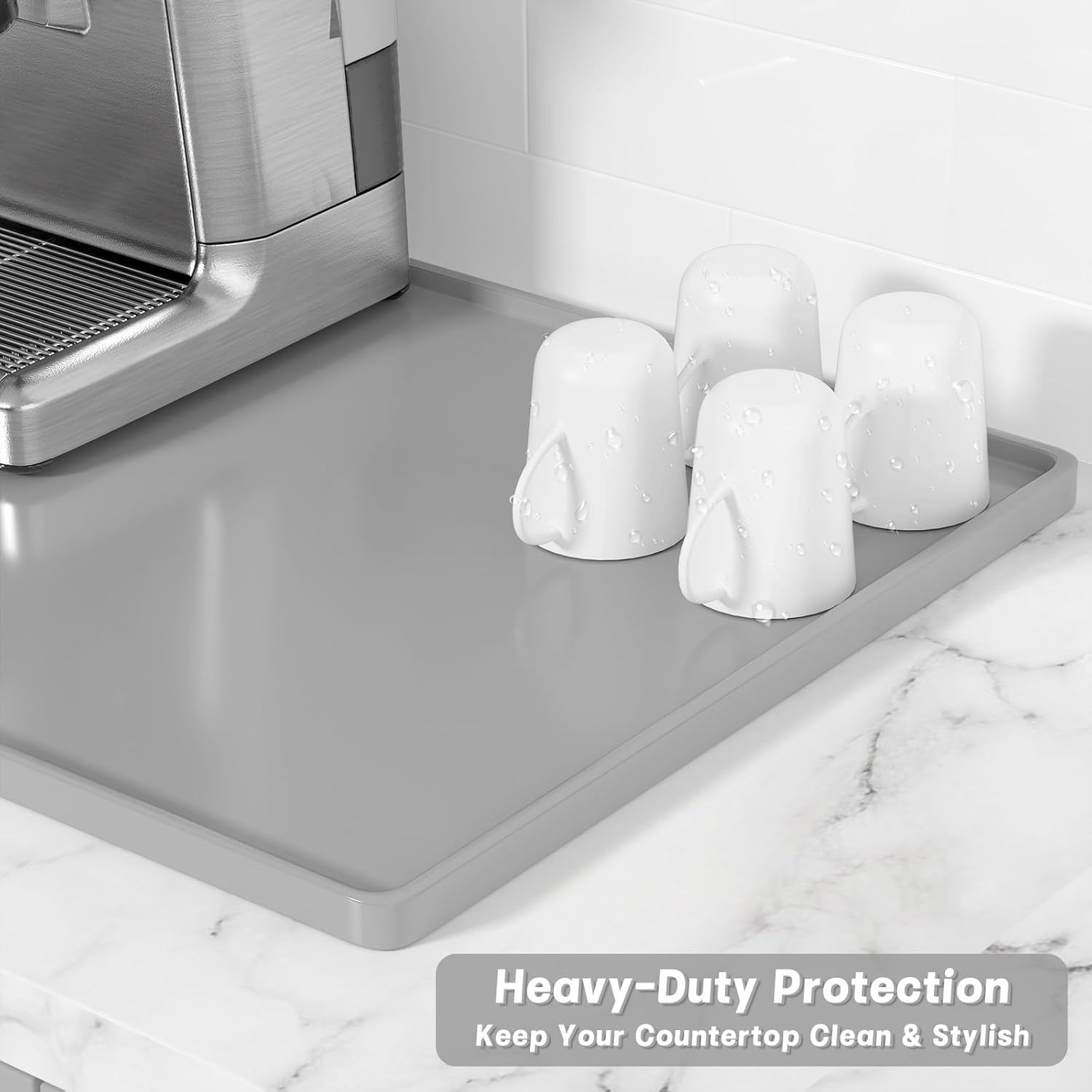 Rnivvi Silicone Coffee Mat, 12" x 19" Waterproof Raised Edge Coffee Bar Mats for Espresso Machine Station Accessories, Heat Resistant Dish Drying Pad for Kitchen Counter, Rubber Bar Decor Pad, Gray