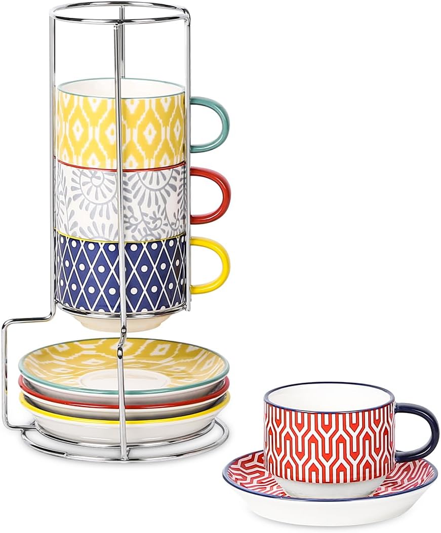 Selamica Ceramic Espresso Cups with Saucers and Metal Stand, 4 OZ Stackable Demitasse Cups for Latte Coffee Café Mocha Tea, Set of 4, Assorted Colors
