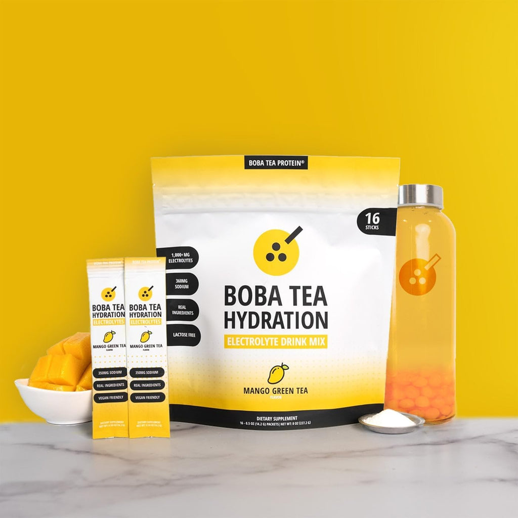 Boba Tea Hydration | Electrolyte Powder Drink Mix | Mango Green Tea | 1000mg Electrolytes, Vitamin C | 16 Stick Packets