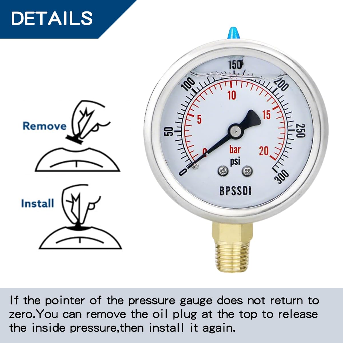 0-300 Psi Glycerin Liquid Filled Pressure Gauge, 2.5" Dial Size, 1/4" NPT Lower Mount, 304 Stainless Steel Case, for Pool Pump Sand Filter Air Compressor, Water Oil Air Pressure Test