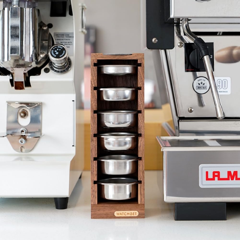 watchget 58mm Espresso Filter Basket Stand, Walnut Wooden Storage Holder for 6Pcs Coffee Baskets and Puck Screens - Espresso Machine Accessories Coffee Station Organizer Rack