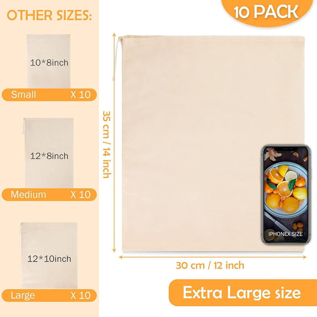 10 Pack Nut Milk Bag, 12‘’ x 14‘’ Fine Mesh Grade Reusable Cheesecloth Bags Strainers, Unbleached Organic Cotton Filter Bags for Almond Milk, Juices, ColdBrew, Cheese, Tea, Yogurt, Coffee