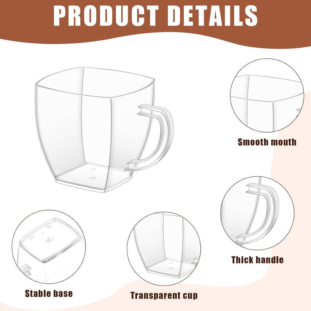 Amyhill 100 Pcs Disposable Tea Cups Mini Plastic Tea Cup Bulk with Handle Hard Plastic Coffee Mug Disposable Square Espresso Mug for Party Catering (Transparent)