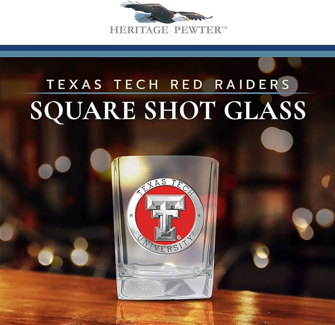 Heritage Pewter Texas Tech Square Shot Glass | Hand-Sculpted 1.5 Ounce Shot Glass | Intricately Crafted Metal Pewter Alma Mater Inlay