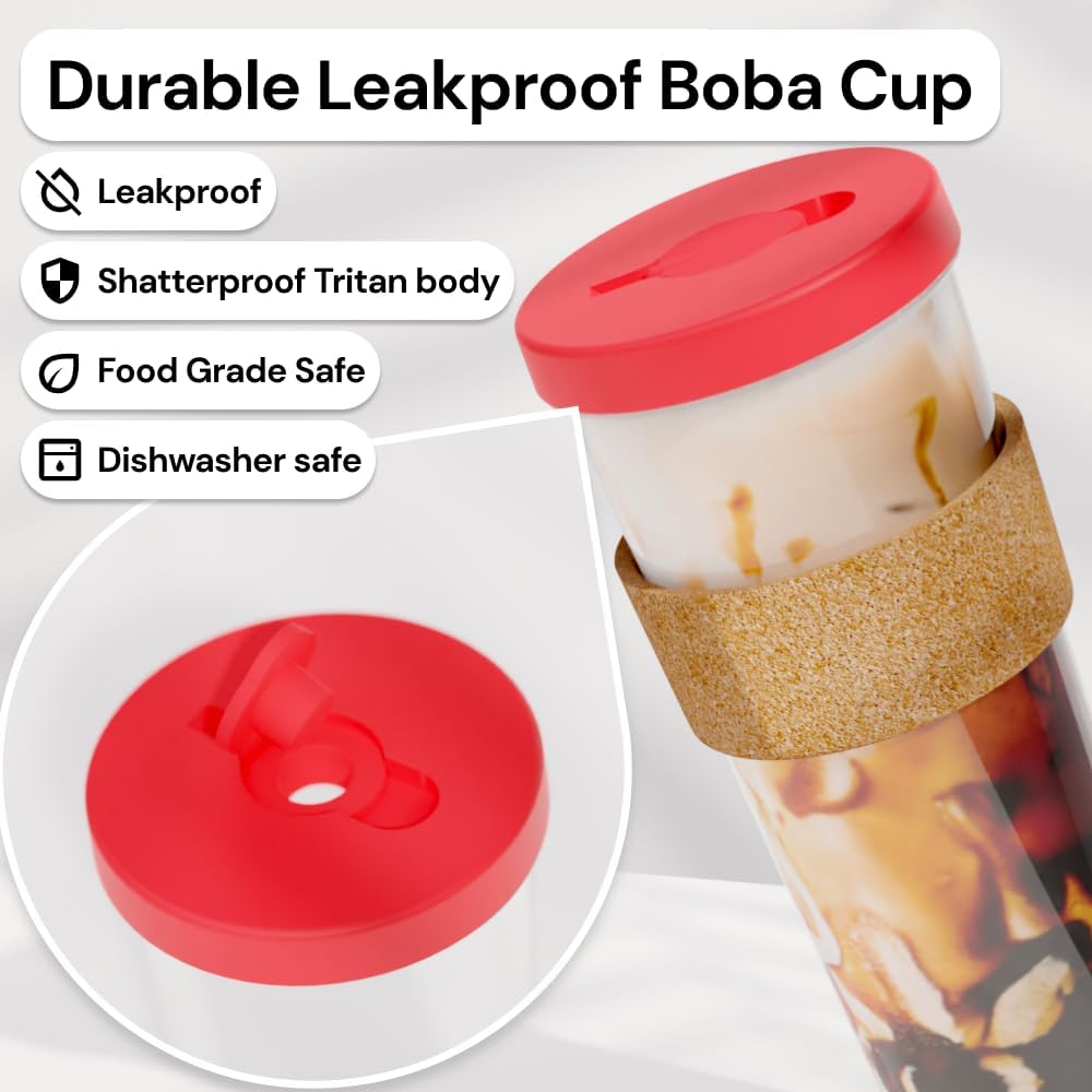 Dodoko Hot Pink Reusable Boba Tea Cup with Straw, 24 oz - Insulated BPA Free Shatterproof Tumbler for Iced Coffee, Smoothies, Cold Drinks - Dishwasher Safe, Includes Straw Cleaner