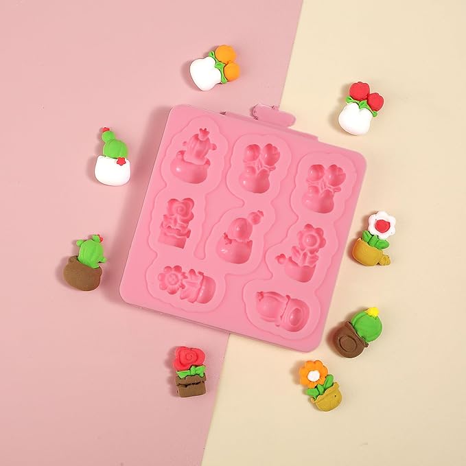 1 Pcs Mini Cactus Silicone Mold, Cartoon Flower Plant Potted Fondant Mold for Cupcake Topping Candy Chocolate Biscuit Chewing Gum Resin Clay Resin Reusable Kitchen Baking Supplies