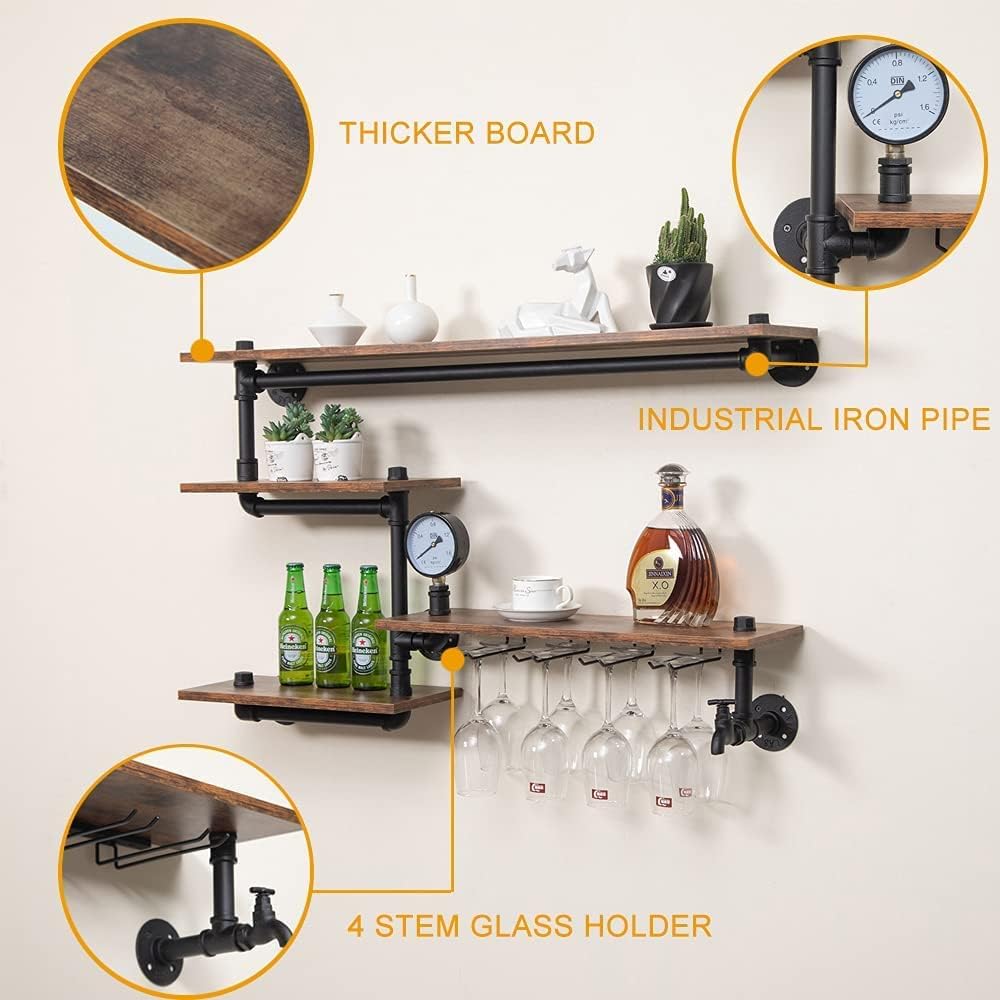 Industrial Pipe Shelves Wine Rack Wall Mounted with 4 Stem Glass Holder,Bar Shelves 39in Metal Hanging Wine Rack, Rustic Floating Pipe Shelf, Living Room Kitchen Decor Display Rack