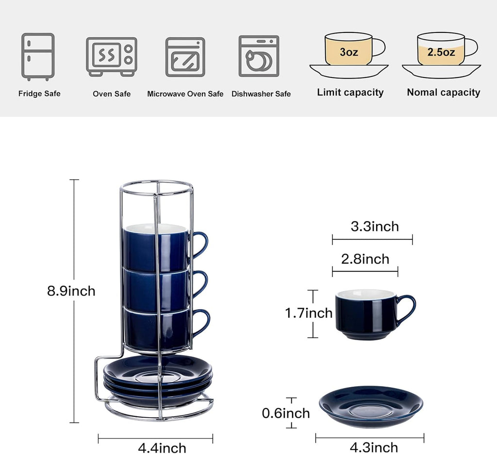 2.5 Ounce Porcelain Espresso Cups with Saucers and Silver Stand, Navy Stackable Cups Set of 4