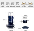 2.5 Ounce Porcelain Espresso Cups with Saucers and Silver Stand, Navy Stackable Cups Set of 4
