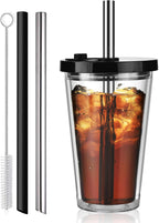 ALINK Reusable Iced Coffee Cup with Lid and Straw, 16 oz Grande Boba Tea Smoothie Cup, Leak Proof Double Wall Insulated Iced Coffee Tumbler for Hot Cold Drinks, Milkshaks, With 2 Boba Straws 1 Brush