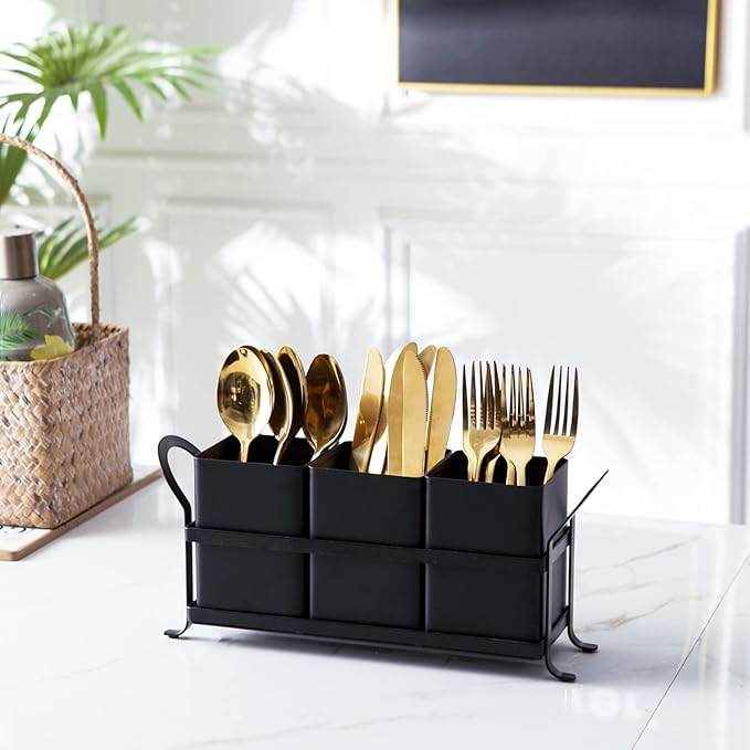 Flatware, Cutlery,Kitchen Utensil & Silverware Caddy Organizer Bin Holder for Forks, Spoons, Knives - Perfect for Kitchen Countertop- Black