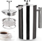 French Press Coffee Maker 3-Level Filtration Double-Walled 6MM Vacuum Insulated Keep Hot 2 Hours for Travel 32oz Polished Stainless Steel