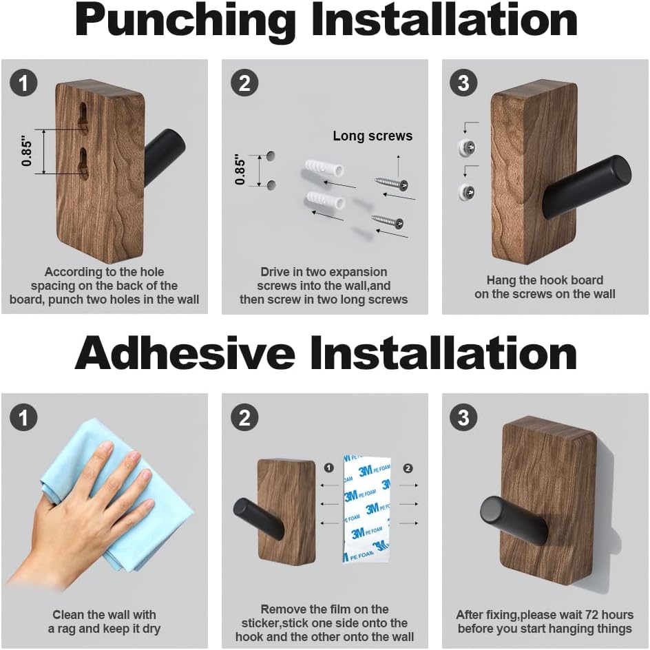 4 PCS Black Walnut Wood Wall Hooks, Adhesive Mounted & Wall Mounted Rustic Decorative Entryway Hooks, Mid Century Modern Natural Wooden Pegs for Hanging Coat Clothes Hat Bag Purse and Towel