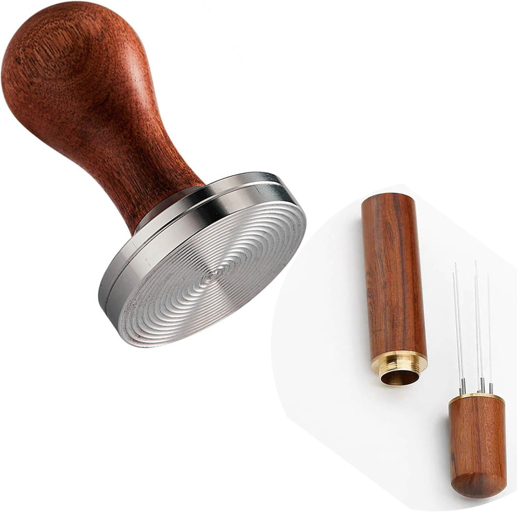 51mm Espresso Tamper with Stirrer Set, Walnut Wood Coffee Press Tool Stamper with Espresso Professional Barista Accessories Kit for Espresso Machine, Wooden