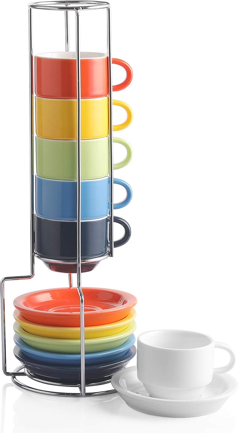 Sweejar Porcelain Espresso Cup & Saucer Set, Stackable Demitasse Cups with Metal Stand, 2.5 OZ for Latte,Coffee,Cafe Mocha,Tea, Set of 6(Multi)