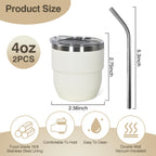 4oz Stackable Cup, Vacuum Insulated Espresso Cup Set of 2, Espresso Shot Glass for Coffee, Double Wall Stainless Steel Mini Tumbler Shot Glasses with Straw and Lid (A-white2P, 4oz)