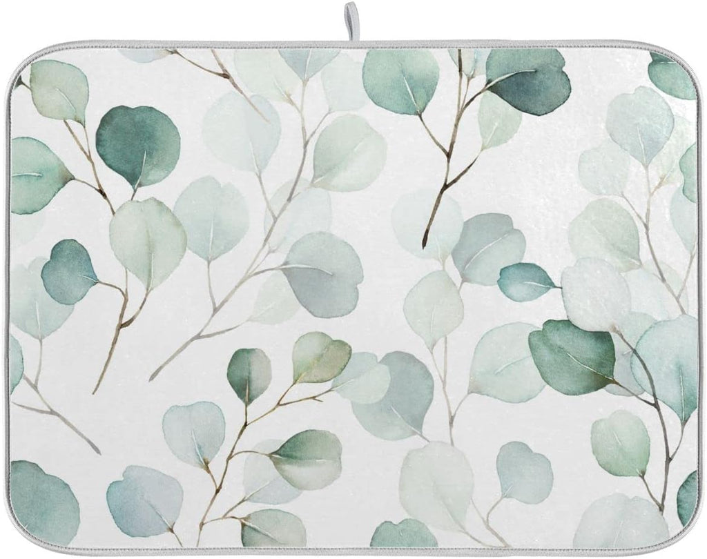 Sage Green Leaves Dish Drying Mat for Kitchen Counter Watercolor Branch Plant Drying Mat 18 x 24 Inch with High Absorbent Reversible Microfiber Dish Drying Pad Drainer Mat for Coffee Bar