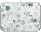 Sage Green Leaves Dish Drying Mat for Kitchen Counter Watercolor Branch Plant Drying Mat 18 x 24 Inch with High Absorbent Reversible Microfiber Dish Drying Pad Drainer Mat for Coffee Bar
