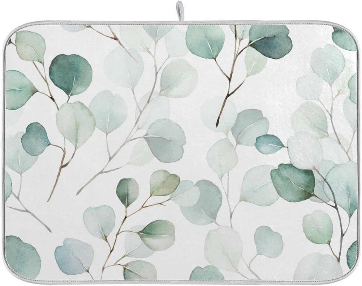 Sage Green Leaves Dish Drying Mat for Kitchen Counter Watercolor Branch Plant Drying Mat 18 x 24 Inch with High Absorbent Reversible Microfiber Dish Drying Pad Drainer Mat for Coffee Bar