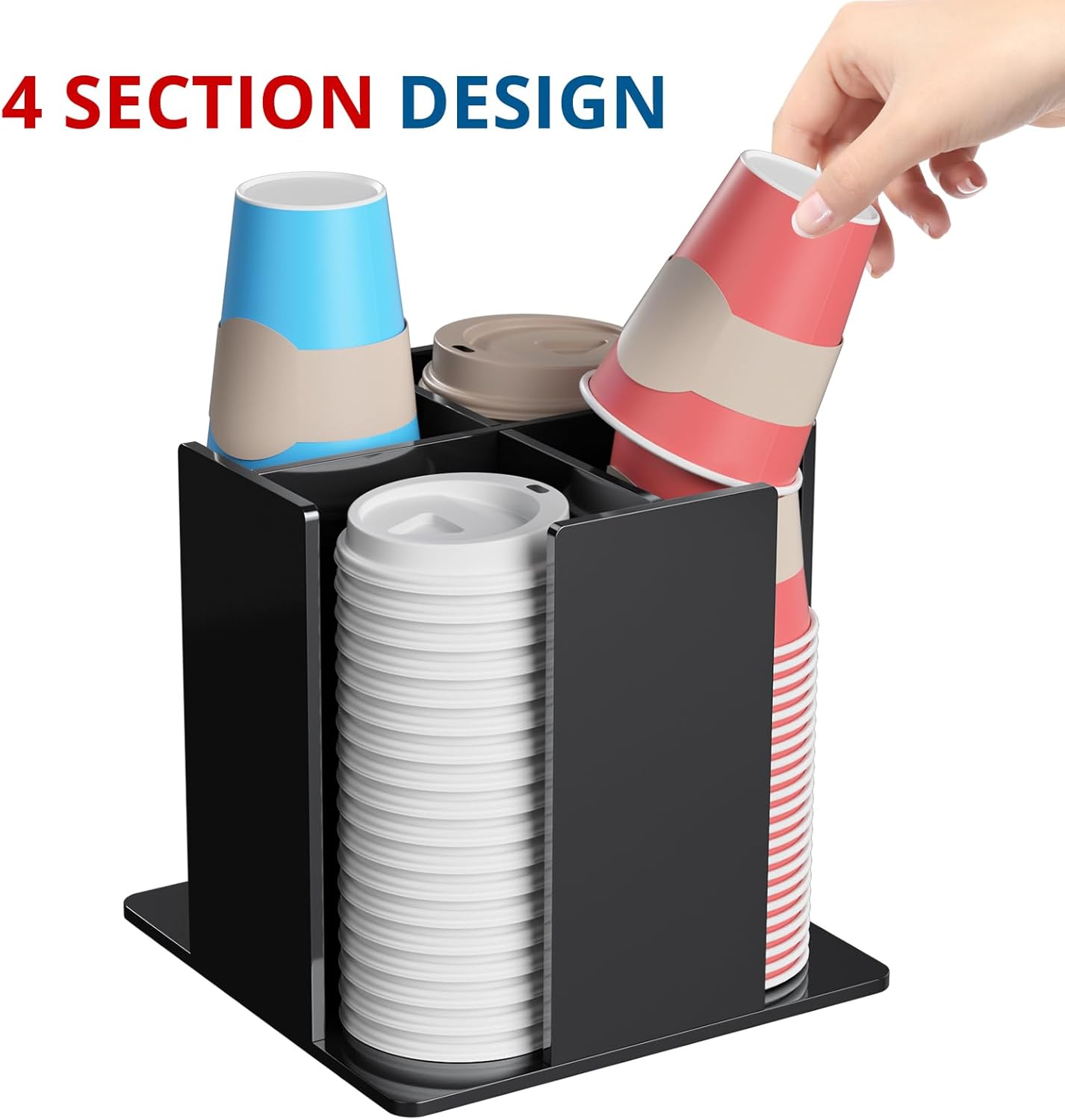 Cup and Lid Holder, 4 Compartment, Square | Rotating Coffee Cup Dispenser Lid Carousel for Restaurant, Buffet, Coffee Station, Bar, Countertop, Black Acrylic