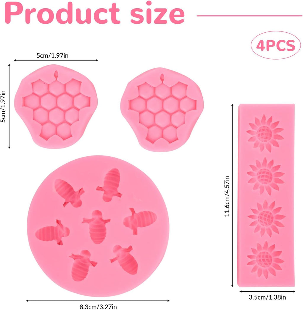 4 Pcs Bumble Bee Silicone Molds Kit with Honeycomb, Bee and Sunflower, Fondant, Chocolate, Cupcake, Cake Decorating, Candy Molds(Pink)