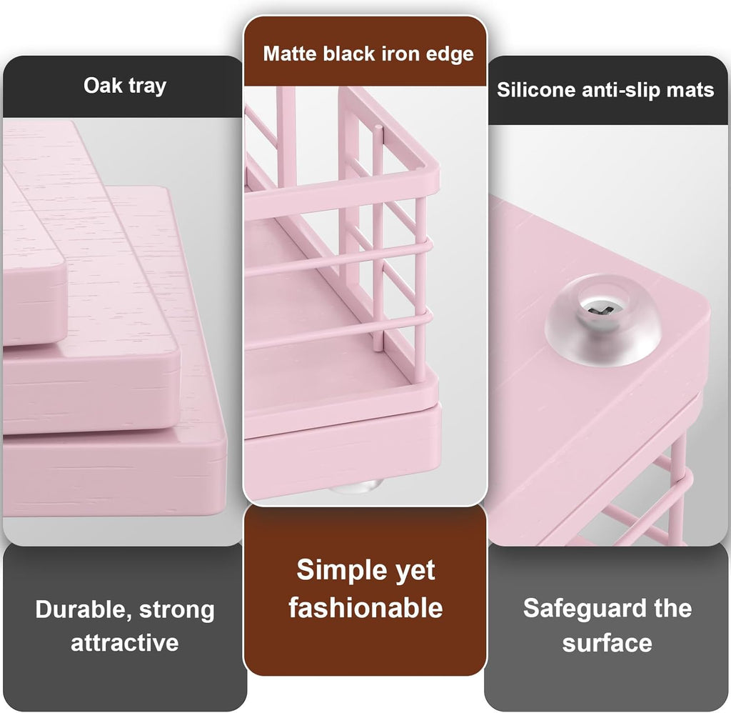 Wican Guest Towel Holder Tray for Bathroom, Oak and Iron Napkins Holder for Powder Room Dinning Table Wooden Basket for Disposable Paper Hand Towels Totally Pink