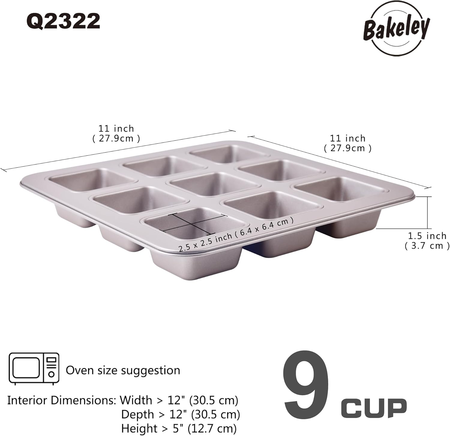 Brownie Cake Pan, 9-Cavity Non-Stick Square Muffin Pan Blondie Bakeware for Oven Baking (Champagne Gold)