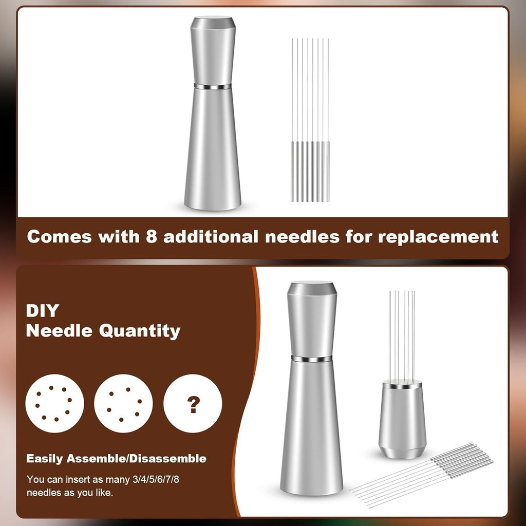 WDT Espresso Distribution Tool, 0.35mm 8 Needle Coffee Stirrer with 8 Extra Needles, 304 Stainless Steel, Aluminum Alloy Handle with Stand, Barista Espresso Whisk Tool (Metal Silver)