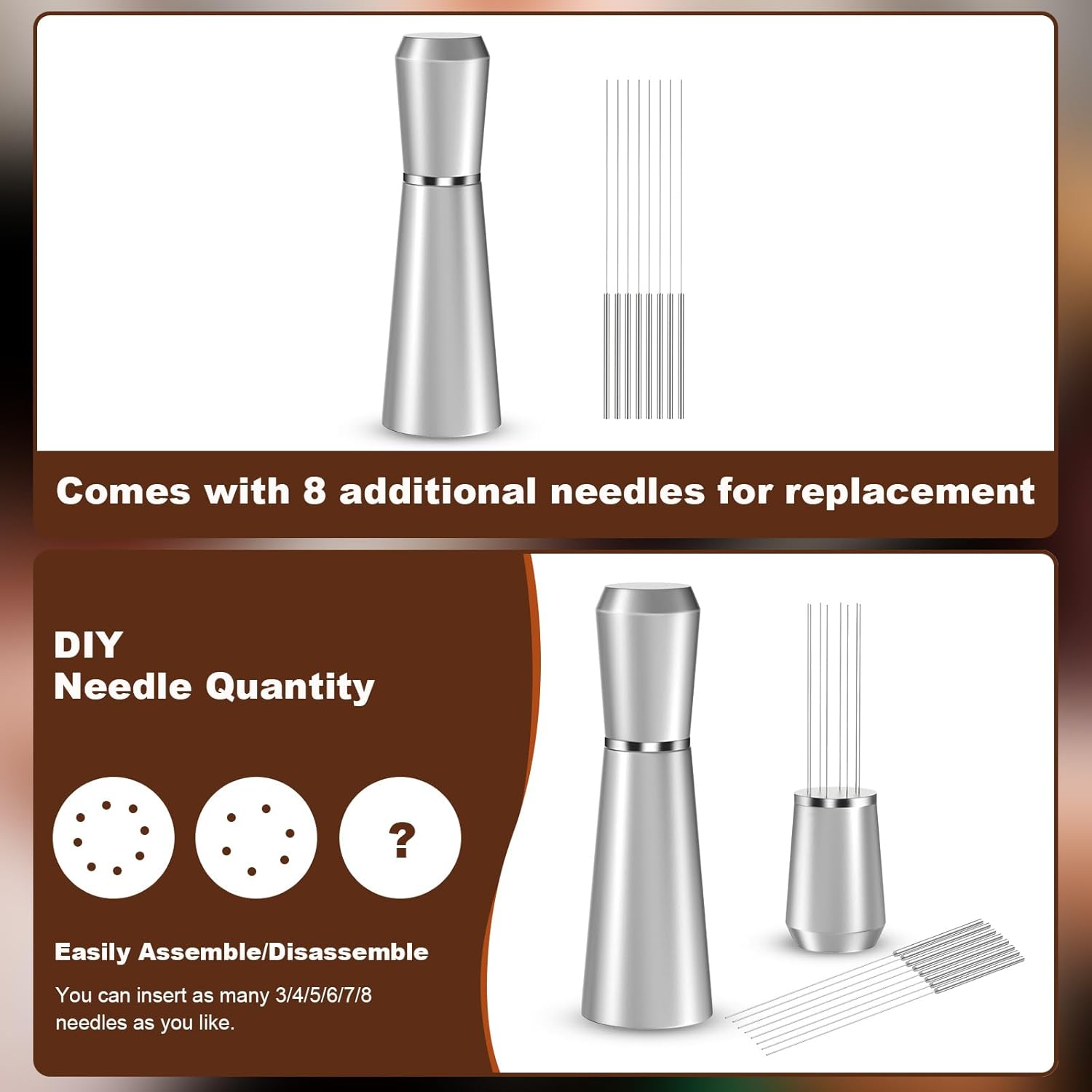 WDT Espresso Distribution Tool, 0.35mm 8 Needle Coffee Stirrer with 8 Extra Needles, 304 Stainless Steel, Aluminum Alloy Handle with Stand, Barista Espresso Whisk Tool (Metal Silver)