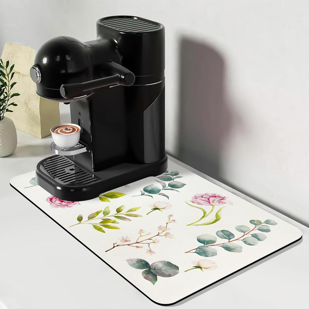 Bloss Dish Drying Mat, 12.2"x19.7" Absorbent Coffee Bar Mat with Waterproof Rubber Back, Fit Under Coffee Maker Machine/Kitchen Counter(Rose)