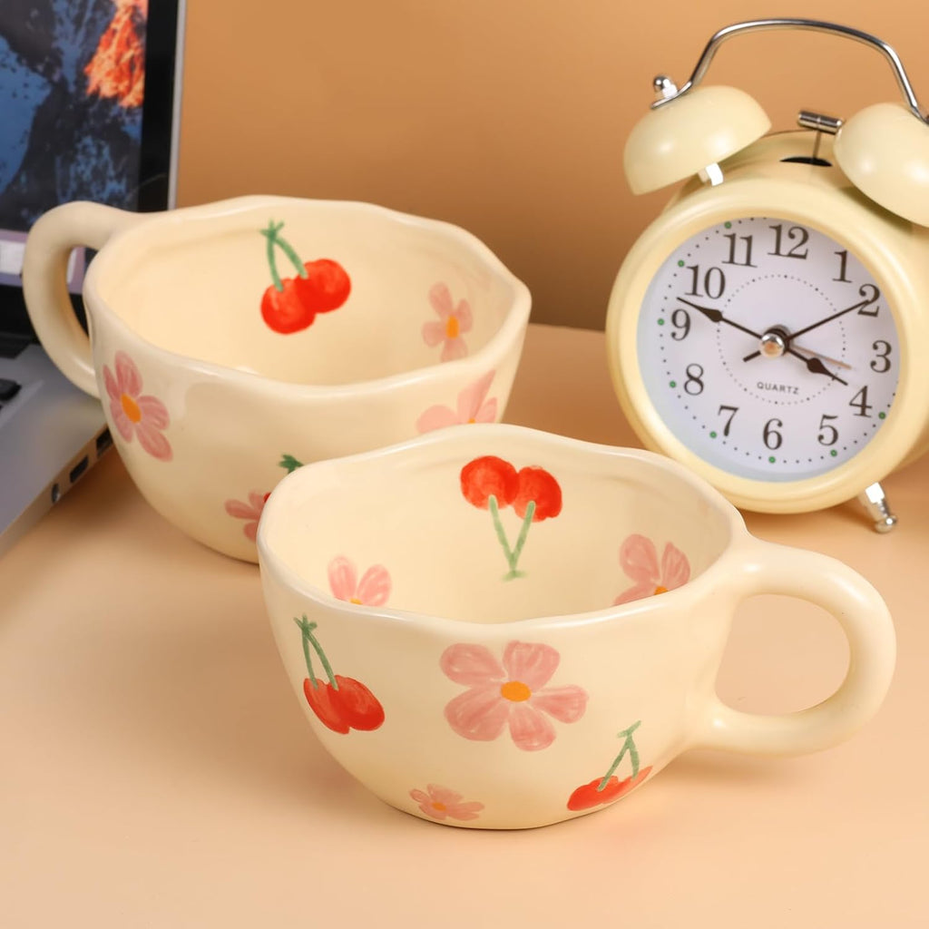 Ceramic Coffee Mug Vintage Flower Mugs 8 oz Cute Floral Coffee Mugs Irregular Latte Art Cup Lead-free Porcelain Cups for Cappuccino, Cocoa (2 Pcs Pink Cherry)