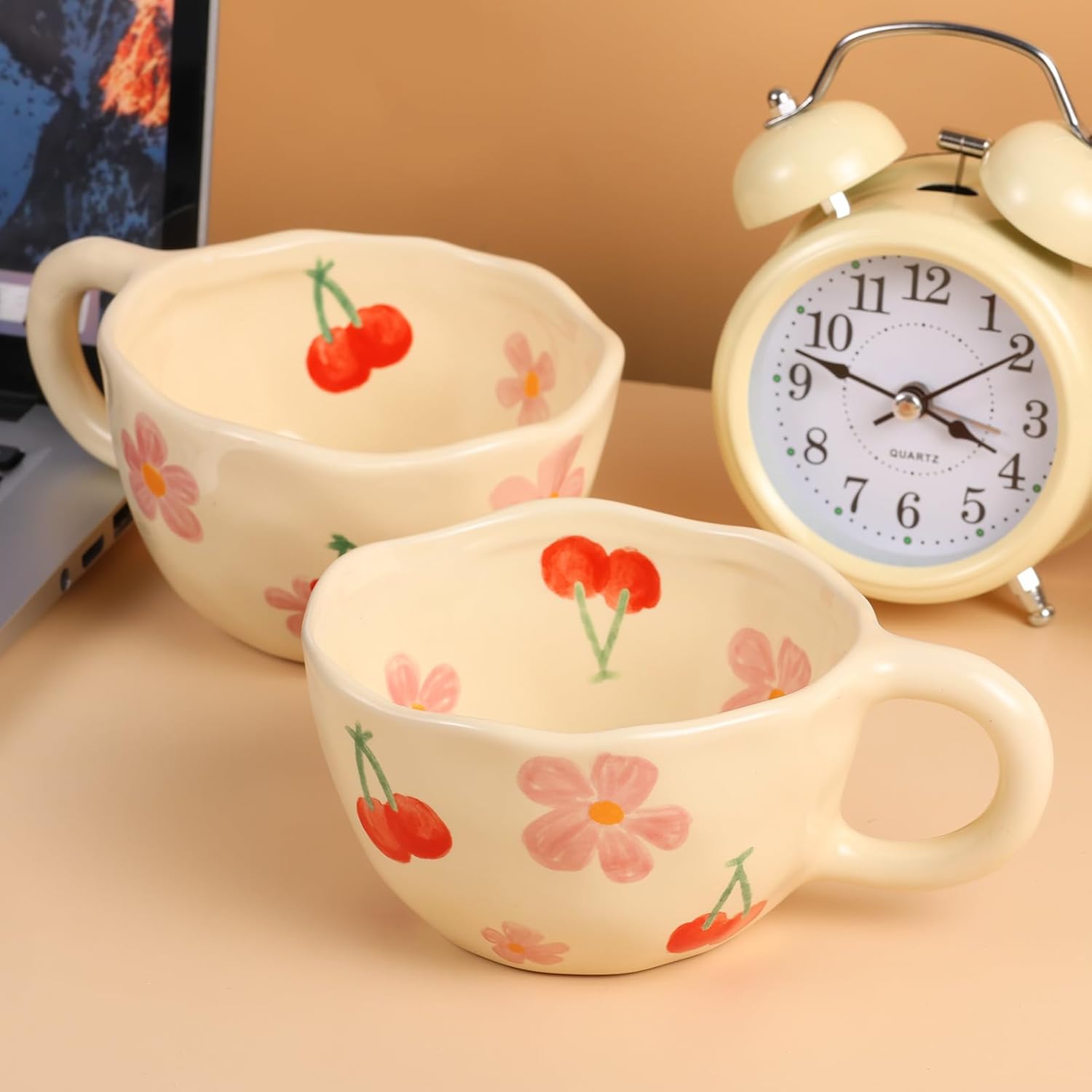 Ceramic Coffee Mug Vintage Flower Mugs 8 oz Cute Floral Coffee Mugs Irregular Latte Art Cup Lead-free Porcelain Cups for Cappuccino, Cocoa (2 Pcs Pink Cherry)