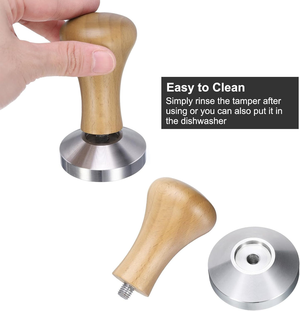 uxcell 58mm Espresso Tamper, Stainless Steel Press Tool Tamper with Wooden Handle, Espresso Accessories for Baristas, Home, Shops, Cafe (Flat Base, Light Wooden)