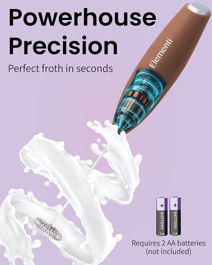 Elementi Milk Frother Handheld - Electric Stirrer and Powerful Protein Powder Mixer Wand, Easy-to-Use Mini Mixer Wand for Quick Delicious Cocktails, Coffee Frother Handheld and Coffee Stirrers (Mocha)
